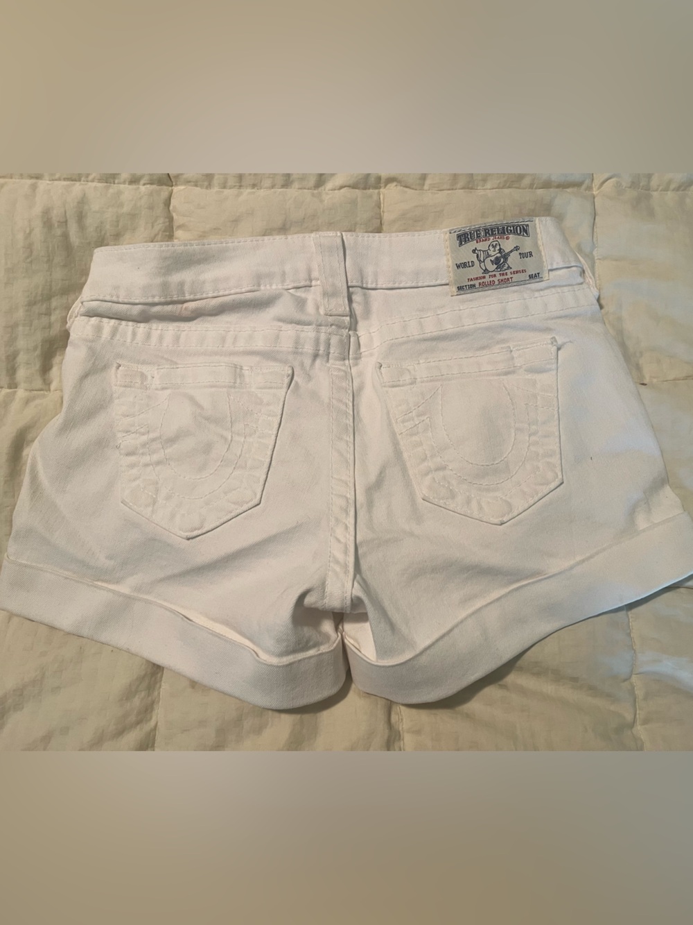 True Religion White Denim Shorts with Light Blue Scroll Print - Picture 2 of 12
